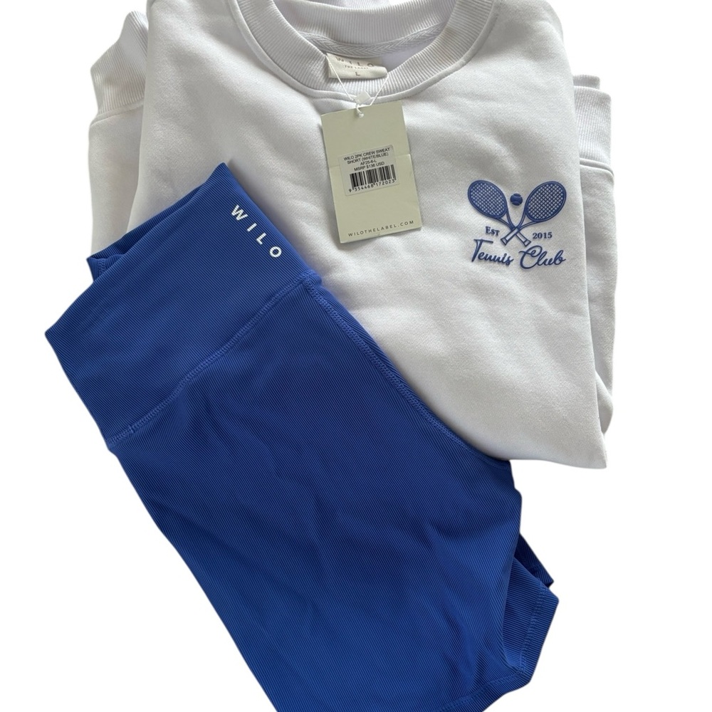 NWT WILO The Label 2 Piece Crew Sweatshirt & Shorts Tennis Club White & Blue Lg - Picture 11 of 15